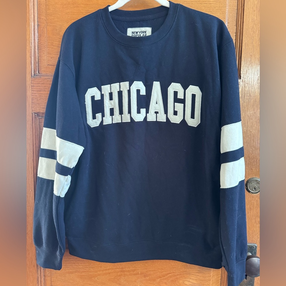 Chicago Embroidered Varsity Stripe, Blue and White Crewneck Sweatshirt, Large